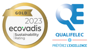 Logo Ecovadis medaille d'or 2023 + logo certification Qualifelec préférez l'excellence 2023